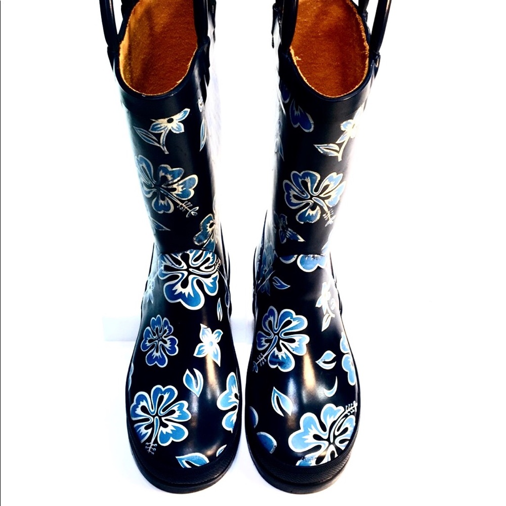 Lands' End Kids Black and Blue Floral Rain Boots